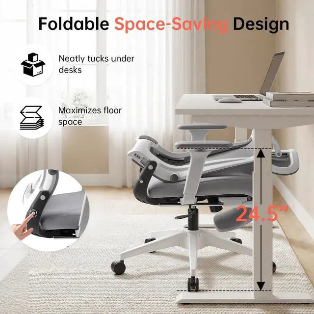 Alt view image 4 of 6 - Foldable Office Chair with Foot Rest, Ergonomic Office Chair with Adjustable Lumbar Support, Headrest, Armrest, Home Office Desk Chairs for Space Saving, Grey