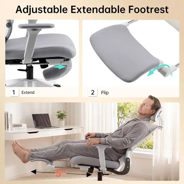 Alt view image 5 of 6 - Foldable Office Chair with Foot Rest, Ergonomic Office Chair with Adjustable Lumbar Support, Headrest, Armrest, Home Office Desk Chairs for Space Saving, Grey
