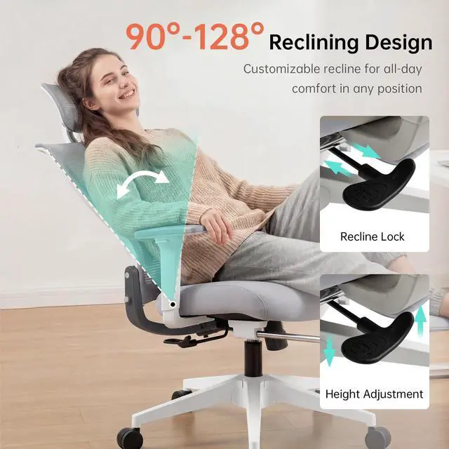 Alt view image 6 of 6 - Foldable Office Chair with Foot Rest, Ergonomic Office Chair with Adjustable Lumbar Support, Headrest, Armrest, Home Office Desk Chairs for Space Saving, Grey