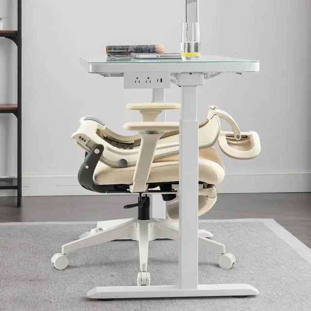 Alt view image 2 of 6 - Foldable Office Chair with Foot Rest, Ergonomic Office Chair with Adjustable Lumbar Support, Headrest, Armrest, Home Office Desk Chair for Space Saving, Work from Home, Cream