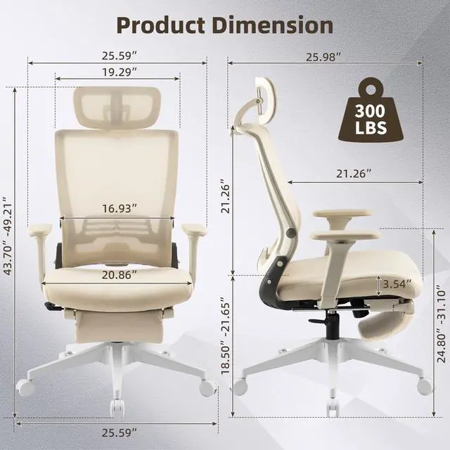 Alt view image 3 of 6 - Foldable Office Chair with Foot Rest, Ergonomic Office Chair with Adjustable Lumbar Support, Headrest, Armrest, Home Office Desk Chair for Space Saving, Work from Home, Cream