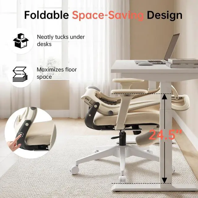 Alt view image 4 of 6 - Foldable Office Chair with Foot Rest, Ergonomic Office Chair with Adjustable Lumbar Support, Headrest, Armrest, Home Office Desk Chair for Space Saving, Work from Home, Cream