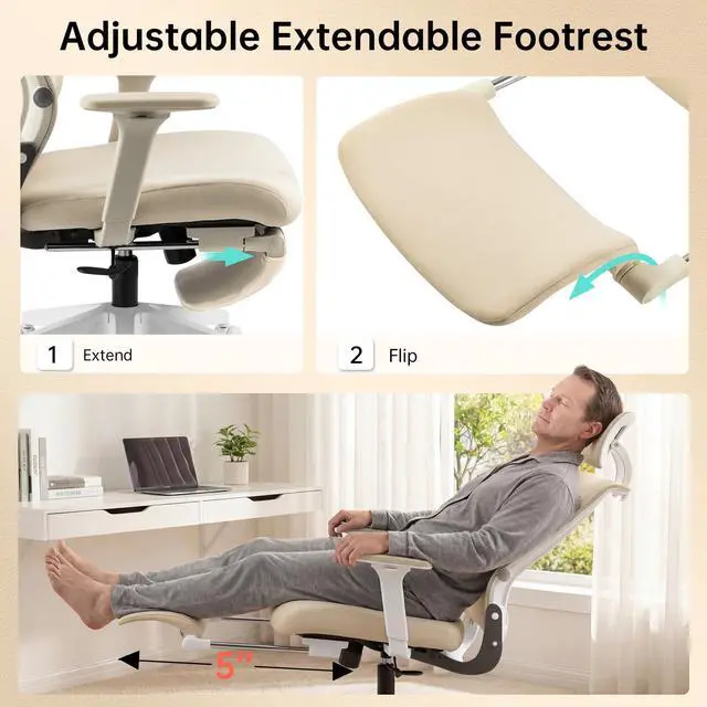 Alt view image 5 of 6 - Foldable Office Chair with Foot Rest, Ergonomic Office Chair with Adjustable Lumbar Support, Headrest, Armrest, Home Office Desk Chair for Space Saving, Work from Home, Cream