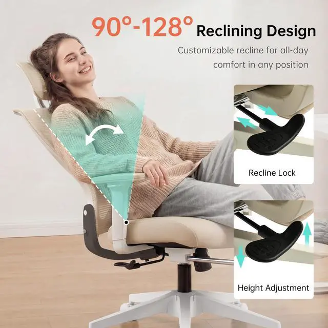 Alt view image 6 of 6 - Foldable Office Chair with Foot Rest, Ergonomic Office Chair with Adjustable Lumbar Support, Headrest, Armrest, Home Office Desk Chair for Space Saving, Work from Home, Cream