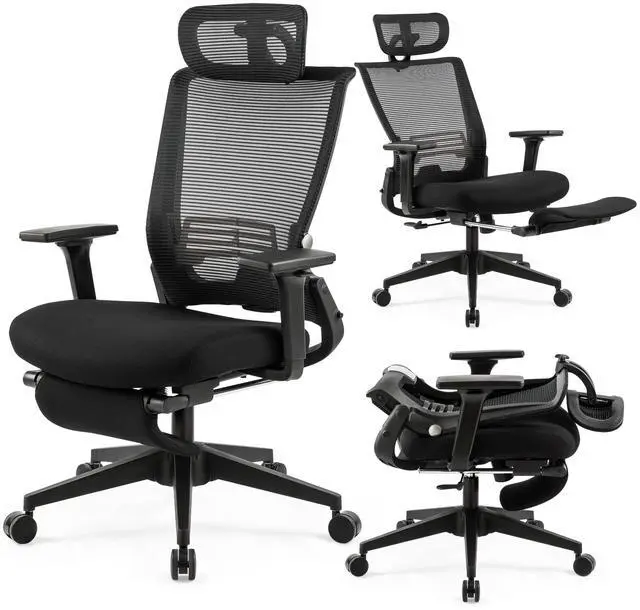 Main image of Foldable Office Chair with Foot Rest, Ergonomic Office Chair with Adjustable Lumbar Support, Headrest, Armrest, Home Office Desk Chairs for Space Saving, Work from Home, Black