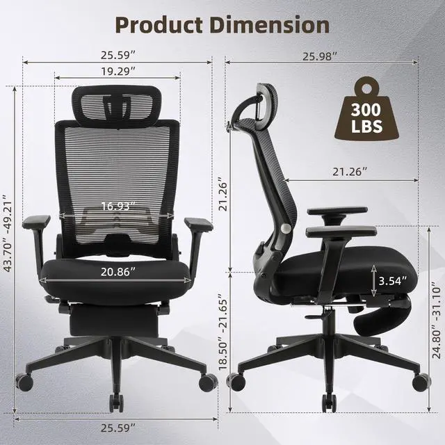 Alt view image 3 of 6 - Foldable Office Chair with Foot Rest, Ergonomic Office Chair with Adjustable Lumbar Support, Headrest, Armrest, Home Office Desk Chairs for Space Saving, Work from Home, Black