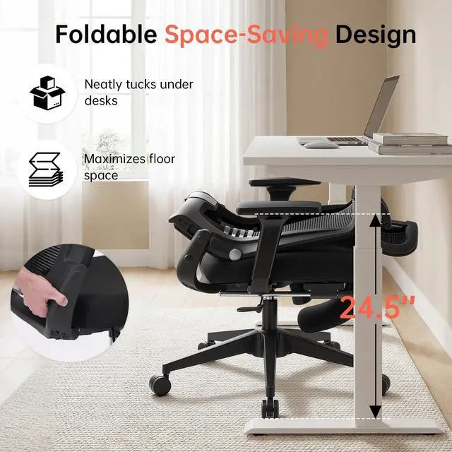 Alt view image 4 of 6 - Foldable Office Chair with Foot Rest, Ergonomic Office Chair with Adjustable Lumbar Support, Headrest, Armrest, Home Office Desk Chairs for Space Saving, Work from Home, Black