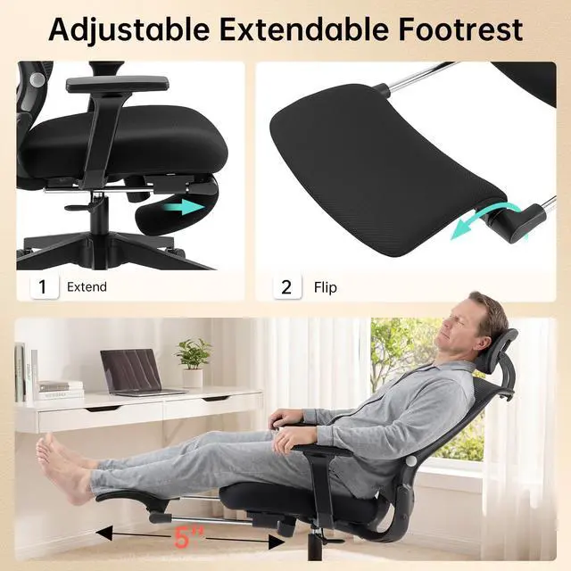 Alt view image 5 of 6 - Foldable Office Chair with Foot Rest, Ergonomic Office Chair with Adjustable Lumbar Support, Headrest, Armrest, Home Office Desk Chairs for Space Saving, Work from Home, Black