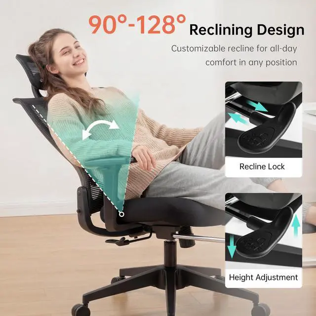 Alt view image 6 of 6 - Foldable Office Chair with Foot Rest, Ergonomic Office Chair with Adjustable Lumbar Support, Headrest, Armrest, Home Office Desk Chairs for Space Saving, Work from Home, Black