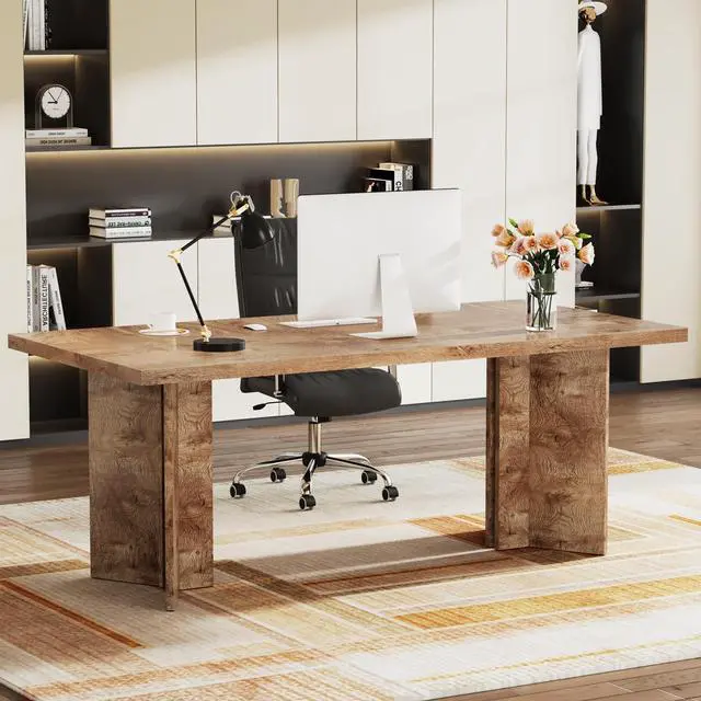 Main image of 63-inch Executive Desk, Vintage Home Office Computer Desk with Large Tabletop, Farmhouse Wood Writing Conference Table Workstation for Office, Study, Light Oak Brown