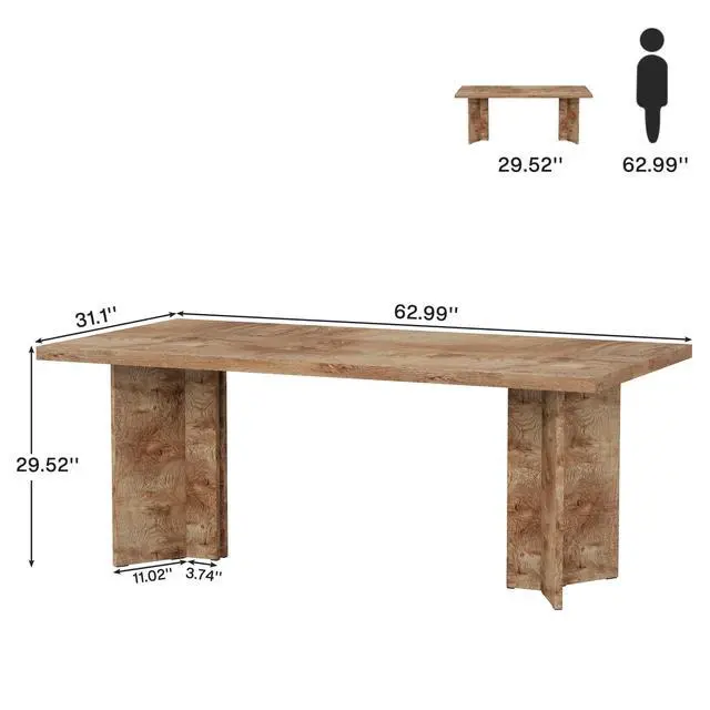 Alt view image 2 of 6 - 63-inch Executive Desk, Vintage Home Office Computer Desk with Large Tabletop, Farmhouse Wood Writing Conference Table Workstation for Office, Study, Light Oak Brown