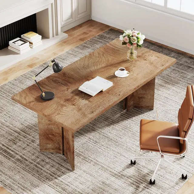 Alt view image 3 of 6 - 63-inch Executive Desk, Vintage Home Office Computer Desk with Large Tabletop, Farmhouse Wood Writing Conference Table Workstation for Office, Study, Light Oak Brown