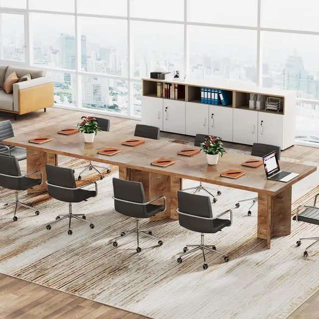 Alt view image 4 of 6 - 63-inch Executive Desk, Vintage Home Office Computer Desk with Large Tabletop, Farmhouse Wood Writing Conference Table Workstation for Office, Study, Light Oak Brown