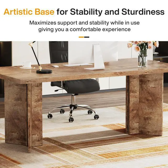 Alt view image 5 of 6 - 63-inch Executive Desk, Vintage Home Office Computer Desk with Large Tabletop, Farmhouse Wood Writing Conference Table Workstation for Office, Study, Light Oak Brown
