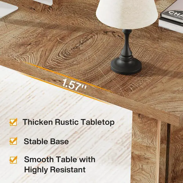 Alt view image 6 of 6 - 63-inch Executive Desk, Vintage Home Office Computer Desk with Large Tabletop, Farmhouse Wood Writing Conference Table Workstation for Office, Study, Light Oak Brown
