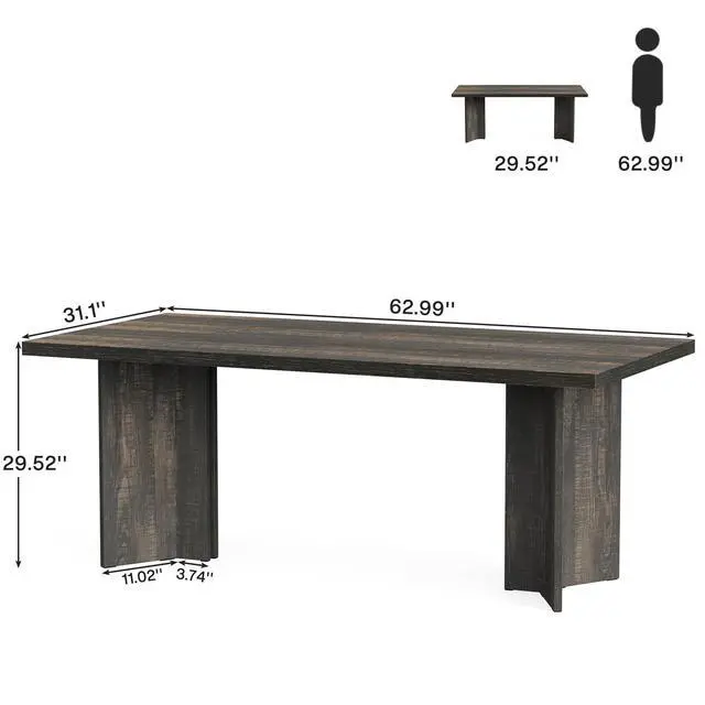 Alt view image 2 of 6 - 63-inch Executive Desk, Vintage Office Computer Desk with Large Tabletop, Farmhouse Wood Writing Conference Table Workstation for Home Office, Study, Dark Gray