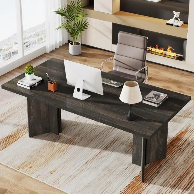 Alt view image 3 of 6 - 63-inch Executive Desk, Vintage Office Computer Desk with Large Tabletop, Farmhouse Wood Writing Conference Table Workstation for Home Office, Study, Dark Gray