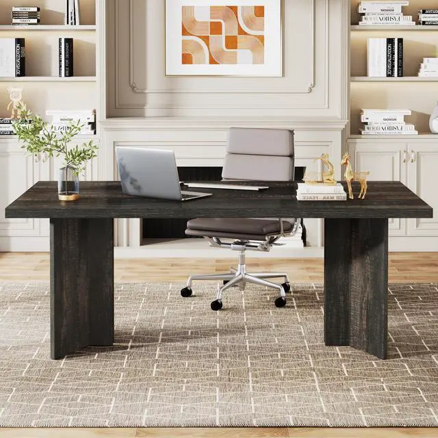 Alt view image 4 of 6 - 63-inch Executive Desk, Vintage Office Computer Desk with Large Tabletop, Farmhouse Wood Writing Conference Table Workstation for Home Office, Study, Dark Gray