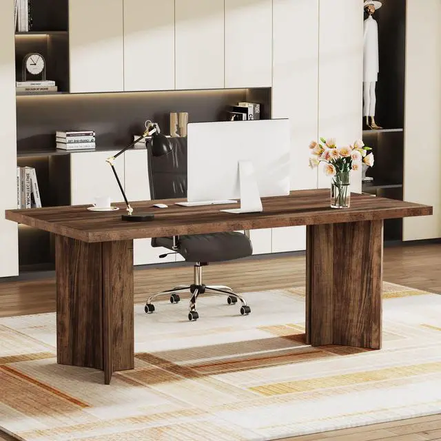 Main image of 63-inch Executive Desk, Vintage Office Computer Desk with Large Tabletop, Farmhouse Wood Writing Conference Table Workstation for Home Office, Study, Dark Brown