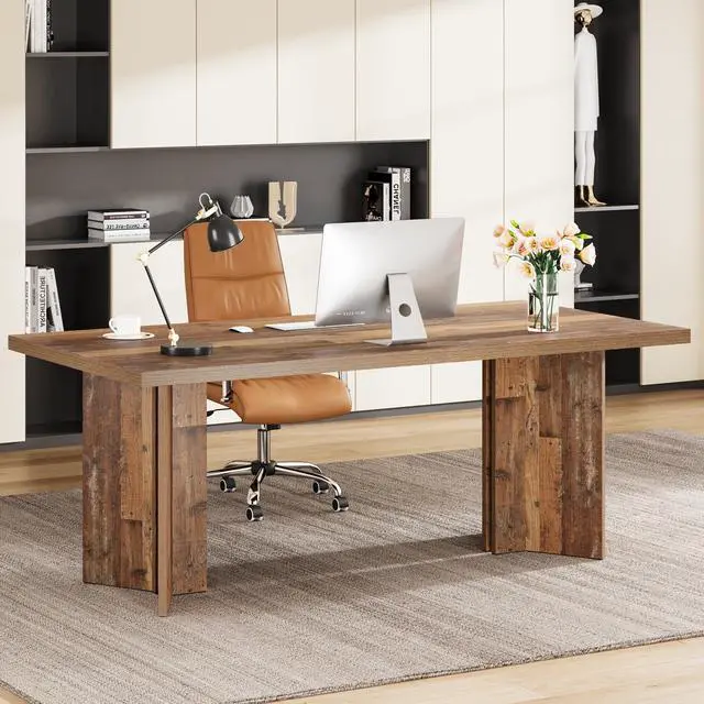 Main image of 63-inch Executive Desk, Vintage Home Office Computer Desk with Large Tabletop, Farmhouse Wood Writing Conference Table Workstation for Office, Study, Distressed Brown