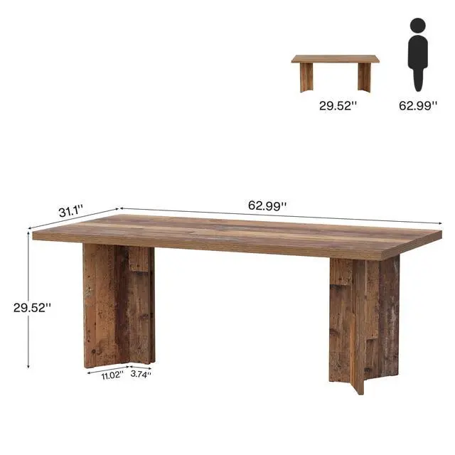 Alt view image 2 of 6 - 63-inch Executive Desk, Vintage Home Office Computer Desk with Large Tabletop, Farmhouse Wood Writing Conference Table Workstation for Office, Study, Distressed Brown
