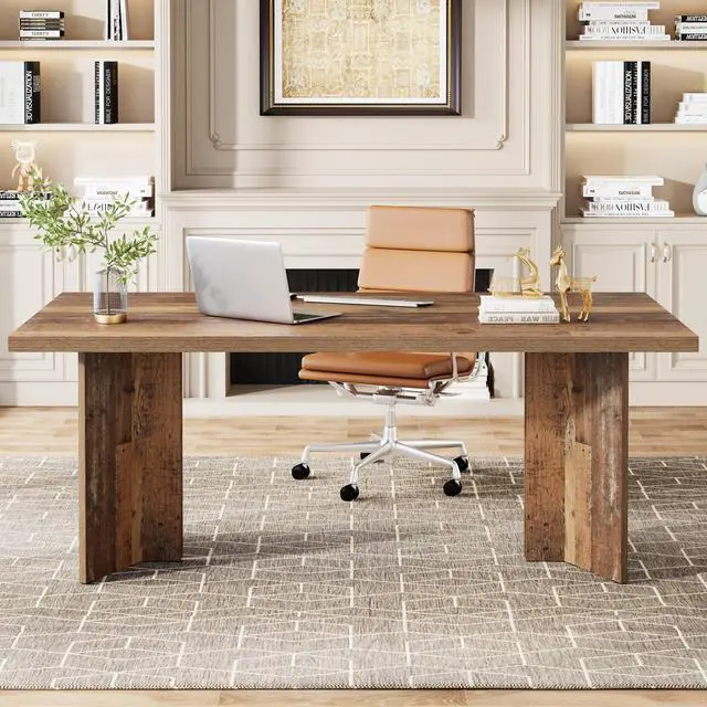 Alt view image 3 of 6 - 63-inch Executive Desk, Vintage Home Office Computer Desk with Large Tabletop, Farmhouse Wood Writing Conference Table Workstation for Office, Study, Distressed Brown
