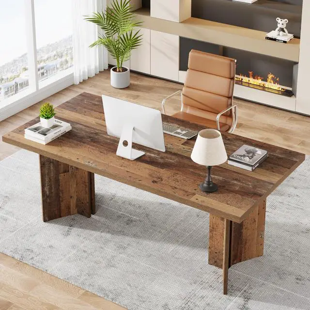Alt view image 4 of 6 - 63-inch Executive Desk, Vintage Home Office Computer Desk with Large Tabletop, Farmhouse Wood Writing Conference Table Workstation for Office, Study, Distressed Brown