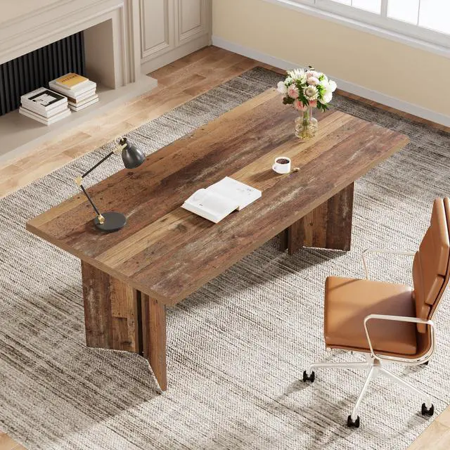 Alt view image 5 of 6 - 63-inch Executive Desk, Vintage Home Office Computer Desk with Large Tabletop, Farmhouse Wood Writing Conference Table Workstation for Office, Study, Distressed Brown