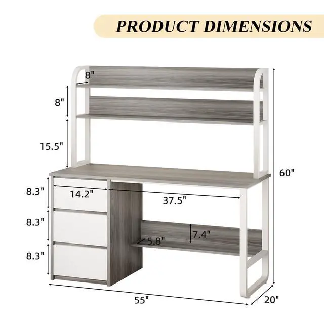 Alt view image 2 of 6 - Computer Desk with Hutch, 55 Inch Home Office Desk with Storage Drawers, Study Writing Desk with Shelves for Bedrrom, Adjustable Feet, Grey