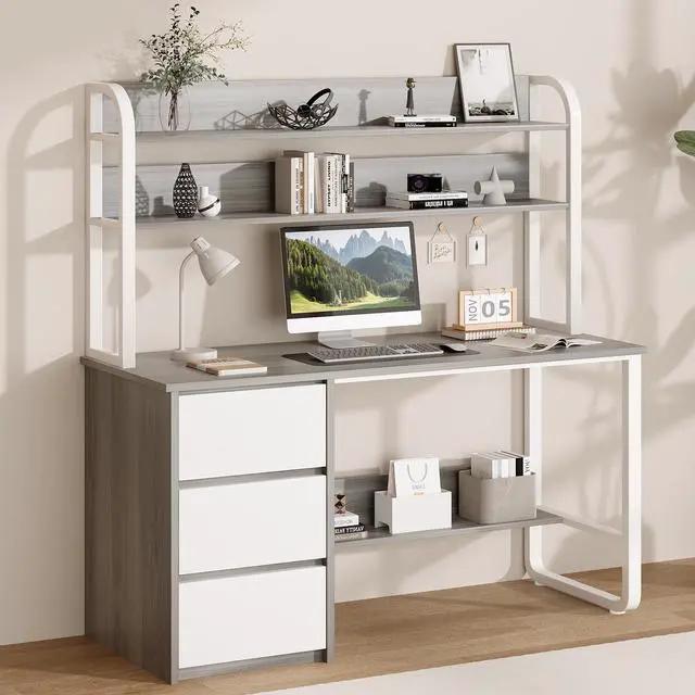 Alt view image 3 of 6 - Computer Desk with Hutch, 55 Inch Home Office Desk with Storage Drawers, Study Writing Desk with Shelves for Bedrrom, Adjustable Feet, Grey