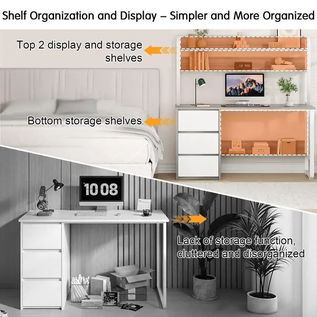 Alt view image 4 of 6 - Computer Desk with Hutch, 55 Inch Home Office Desk with Storage Drawers, Study Writing Desk with Shelves for Bedrrom, Adjustable Feet, Grey