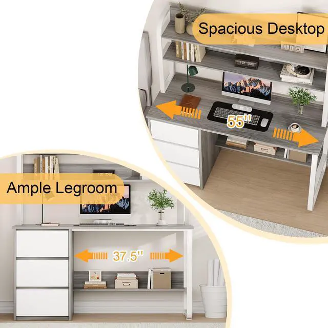 Alt view image 5 of 6 - Computer Desk with Hutch, 55 Inch Home Office Desk with Storage Drawers, Study Writing Desk with Shelves for Bedrrom, Adjustable Feet, Grey