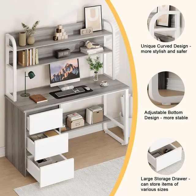 Alt view image 6 of 6 - Computer Desk with Hutch, 55 Inch Home Office Desk with Storage Drawers, Study Writing Desk with Shelves for Bedrrom, Adjustable Feet, Grey