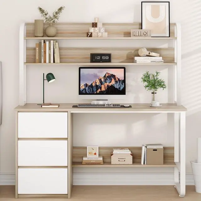 Main image of Computer Desk with 3 Drawers and Shelves, 55 Inch Desk with Hutch for Small Spaces, Study Writing Desk with Shelves for Bedrrom, Adjustable Feet, Light Walnut