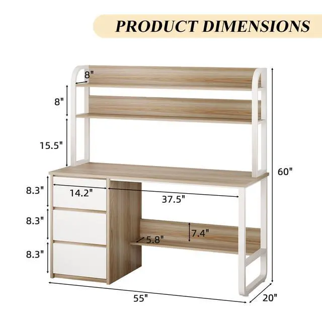 Alt view image 2 of 6 - Computer Desk with 3 Drawers and Shelves, 55 Inch Desk with Hutch for Small Spaces, Study Writing Desk with Shelves for Bedrrom, Adjustable Feet, Light Walnut