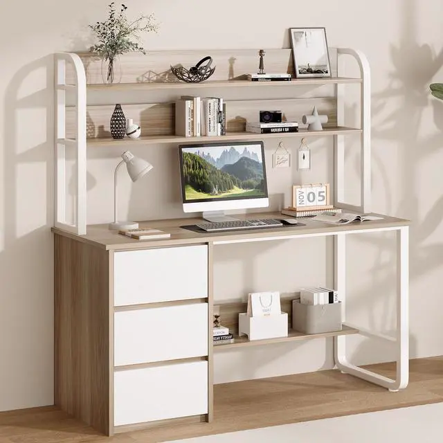 Alt view image 3 of 6 - Computer Desk with 3 Drawers and Shelves, 55 Inch Desk with Hutch for Small Spaces, Study Writing Desk with Shelves for Bedrrom, Adjustable Feet, Light Walnut