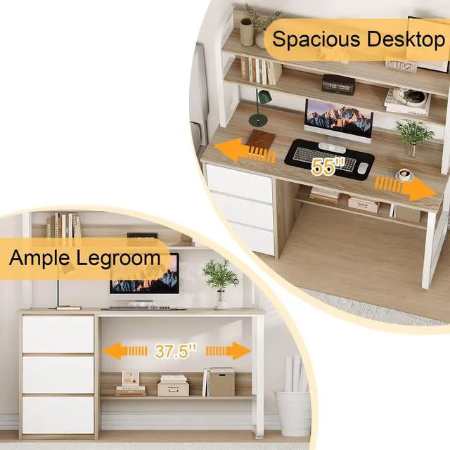 Alt view image 5 of 6 - Computer Desk with 3 Drawers and Shelves, 55 Inch Desk with Hutch for Small Spaces, Study Writing Desk with Shelves for Bedrrom, Adjustable Feet, Light Walnut