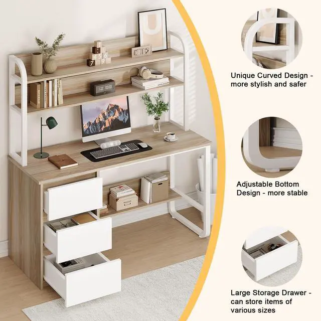 Alt view image 6 of 6 - Computer Desk with 3 Drawers and Shelves, 55 Inch Desk with Hutch for Small Spaces, Study Writing Desk with Shelves for Bedrrom, Adjustable Feet, Light Walnut