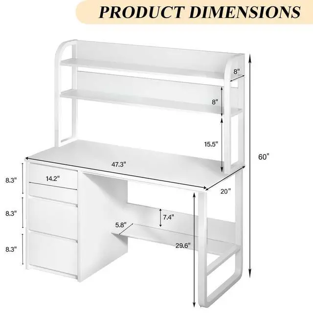 Alt view image 2 of 6 - White Desk with Hutch, 47 Inch Computer Desk with 3 Drawers for Bedroom, Study Writing Desk with Shelves for Small Spaces, Adjustable Feet