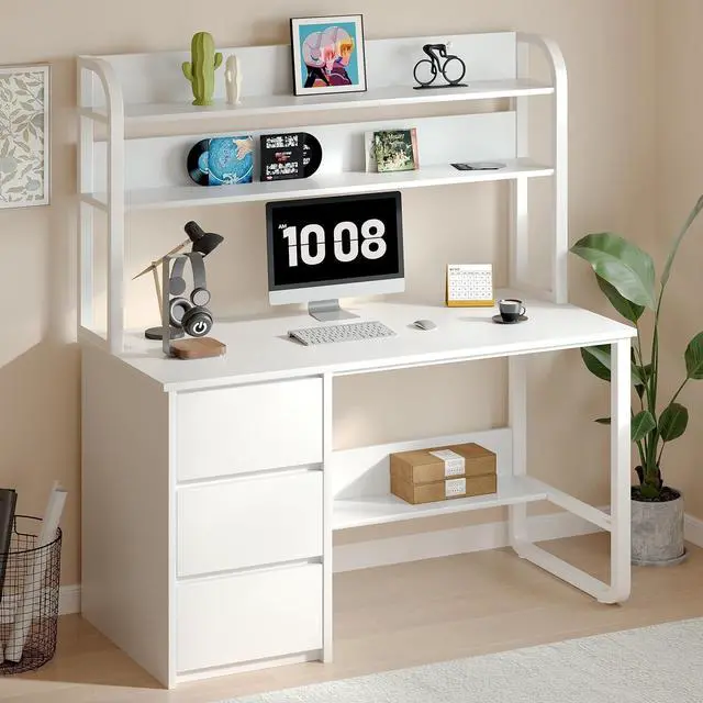 Alt view image 3 of 6 - White Desk with Hutch, 47 Inch Computer Desk with 3 Drawers for Bedroom, Study Writing Desk with Shelves for Small Spaces, Adjustable Feet