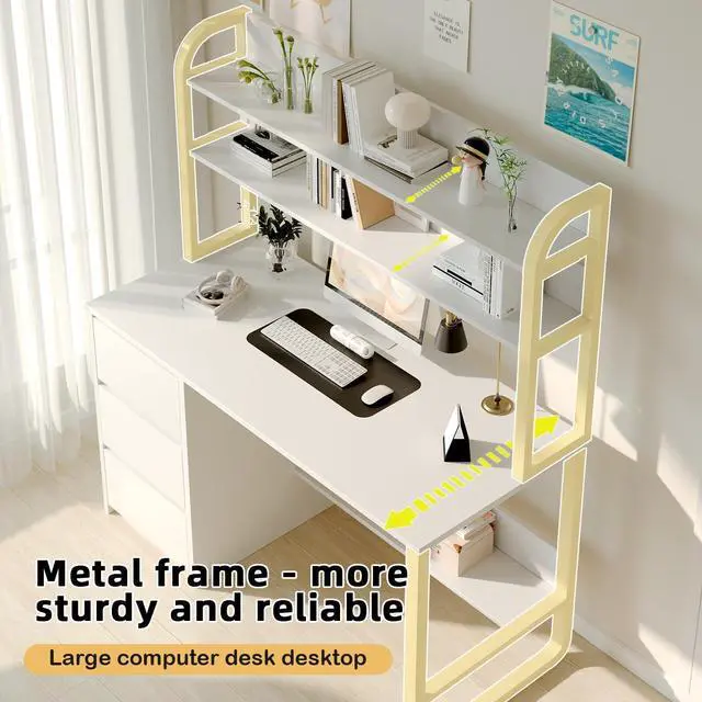 Alt view image 4 of 6 - White Desk with Hutch, 47 Inch Computer Desk with 3 Drawers for Bedroom, Study Writing Desk with Shelves for Small Spaces, Adjustable Feet