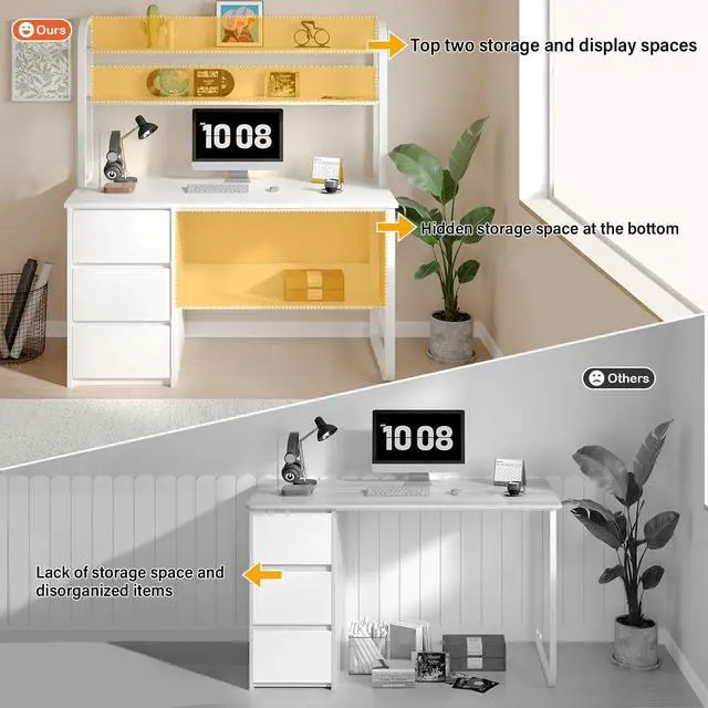 Alt view image 5 of 6 - White Desk with Hutch, 47 Inch Computer Desk with 3 Drawers for Bedroom, Study Writing Desk with Shelves for Small Spaces, Adjustable Feet