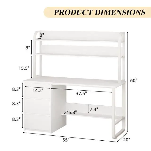 Alt view image 2 of 6 - White Desk with Hutch, 55 Inch Computer Desk with 3 Drawers for Bedroom, Study Writing Desk with Shelves for Small Spaces, Adjustable Feet