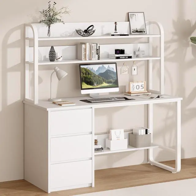 Alt view image 3 of 6 - White Desk with Hutch, 55 Inch Computer Desk with 3 Drawers for Bedroom, Study Writing Desk with Shelves for Small Spaces, Adjustable Feet