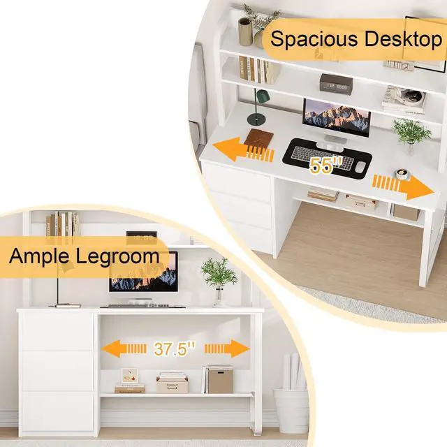 Alt view image 5 of 6 - White Desk with Hutch, 55 Inch Computer Desk with 3 Drawers for Bedroom, Study Writing Desk with Shelves for Small Spaces, Adjustable Feet