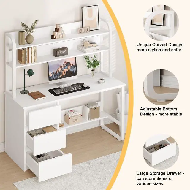 Alt view image 6 of 6 - White Desk with Hutch, 55 Inch Computer Desk with 3 Drawers for Bedroom, Study Writing Desk with Shelves for Small Spaces, Adjustable Feet