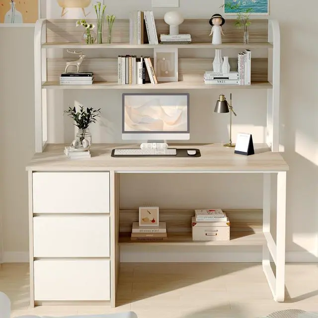 Main image of Computer Desk with Hutch, 47 Inch Small Desk with 3 Drawers for Bedroom, Study Writing Desk with Shelves for Small Spaces, Adjustable Feet, Light Walnut