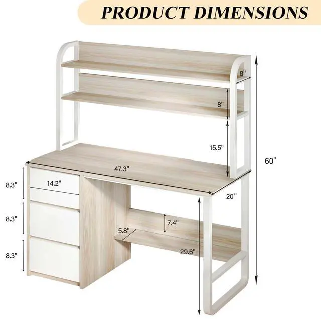 Alt view image 2 of 6 - Computer Desk with Hutch, 47 Inch Small Desk with 3 Drawers for Bedroom, Study Writing Desk with Shelves for Small Spaces, Adjustable Feet, Light Walnut