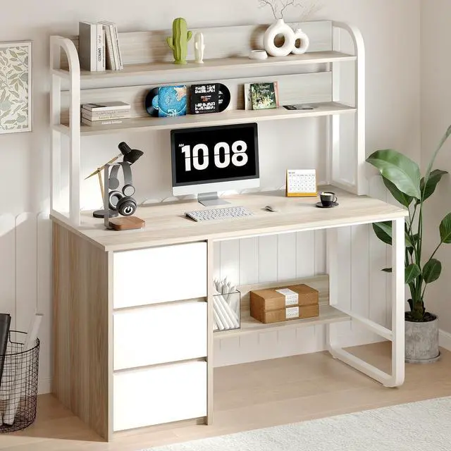 Alt view image 3 of 6 - Computer Desk with Hutch, 47 Inch Small Desk with 3 Drawers for Bedroom, Study Writing Desk with Shelves for Small Spaces, Adjustable Feet, Light Walnut
