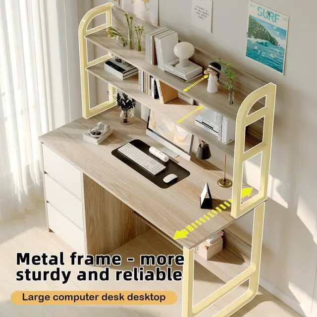 Alt view image 4 of 6 - Computer Desk with Hutch, 47 Inch Small Desk with 3 Drawers for Bedroom, Study Writing Desk with Shelves for Small Spaces, Adjustable Feet, Light Walnut